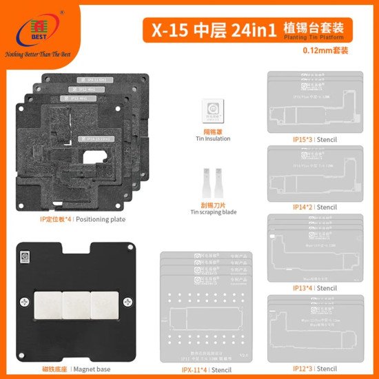 AMAOE 24 IN 1 IPHONE MIDDLE LAYER MOTHERBOARD / BGA REBALLING STENCIL PLATFORM SET FOR IPHONE X TO 15 SERIES - 0.12MM
