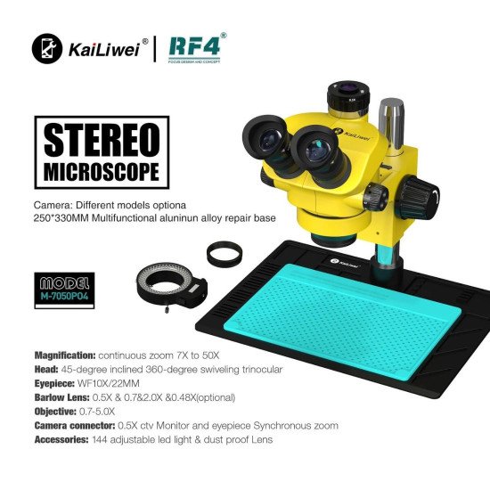 KAILIWEI M7050-P04 (3D CONTINUOUS ZOOM) 7X~50X TRINOCULAR STEREO MICROSCOPE WITH CAMERA OPTION & 0.5X CTV LENS WITH LED ADJUSTABLE LIGHT WITH 0.5X / 0.7X HEIGHT LENS