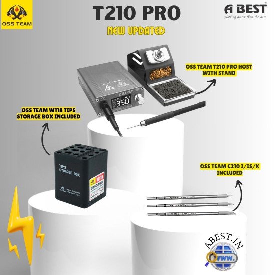 OSS TEAM T210 PRO DIGITAL DISPLAY ADJUSTABLE SOLDERING STATION WITH 3 BITS (I/IS/K) & W118 TIPS STAND 