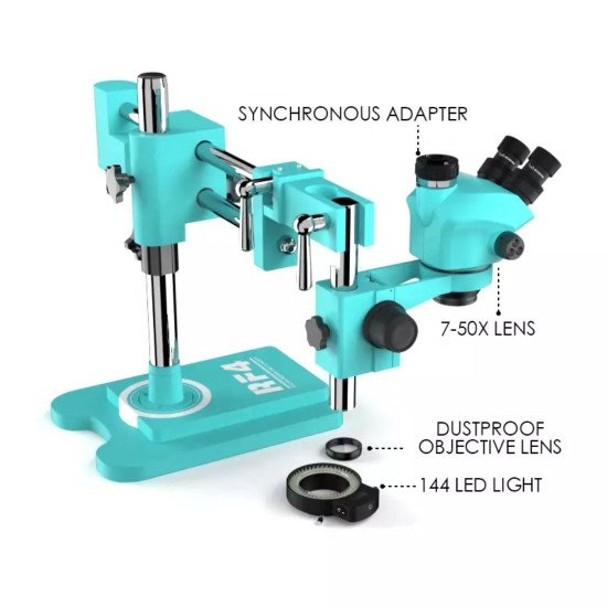 RF4 RF7050-TVW TRINOCULAR STEREO MICROSCOPE WITH DOUBLE ARM 360 DEGREE ANGLE BOOM STAND