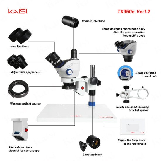 KAISI TX-350E 7X-50X STEREO 3D MICROSCOPE WITH EXHAUST FAN & BIG BASE FOR MOBILE PHONE PCB REPAIR - VERSION 1.2