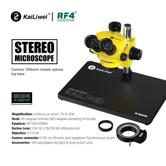 KAILIWEI M-7050TVP (3D CONTINUOUS ZOOM) 7X~50X TRINOCULAR STEREO MICROSCOPE WITH CAMERA OPTION & 0.5X CTV LENS WITH LED ADJUSTABLE LIGHT WITH 0.5X / 0.7X HEIGHT LENS 