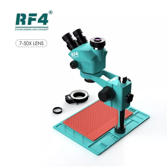 RF4 RF7050-P04 TRINOCULAR STEREO MICROSCOPE WITH MULTIFUNCTIONAL ALUMINUM ALLOY BASE 7X~50X ZOOM - 3D CONTINUOUS ZOOM