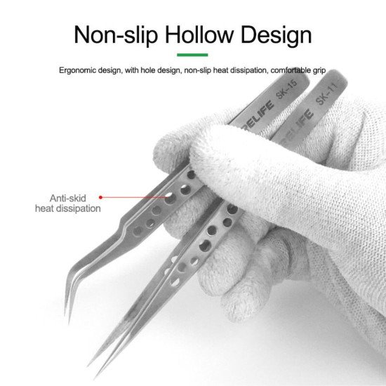 RELIFE SK-11 / SK-15 ANTI-STATIC STAINLESS PRECISION TWEEZERS WITH HOLES FOR MOBILE PHONE REPAIR