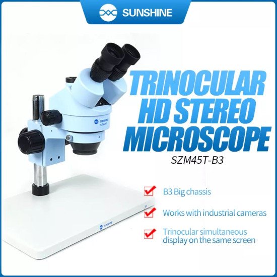 SUNSHINE SZM45T-B3 TRINOCULAR HD STEREO MICROSCOPE WITH LIGHT AND 0.5X LENS